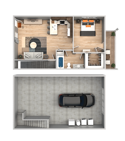 A top and bottom floor plan of a house with a car parked in the garage.